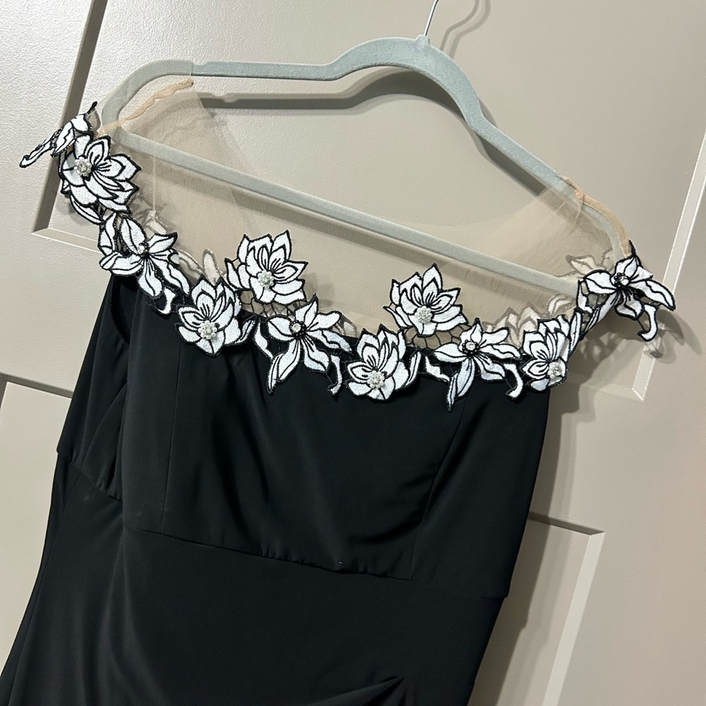 Black nude sheer Evening Dress with Floral Embellished Neckline MSK - Picture 2 of 5